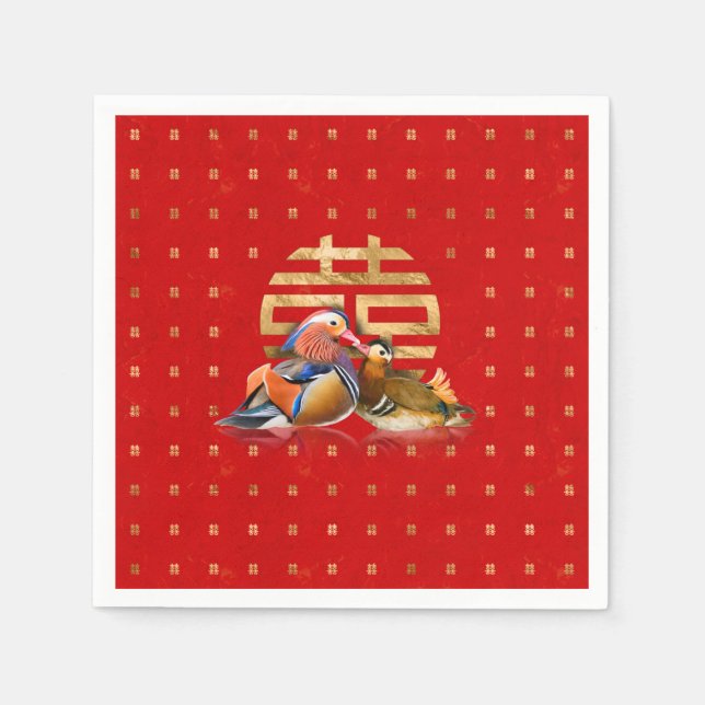 Mandarin Ducks and Double Happiness on red Napkin (Front)