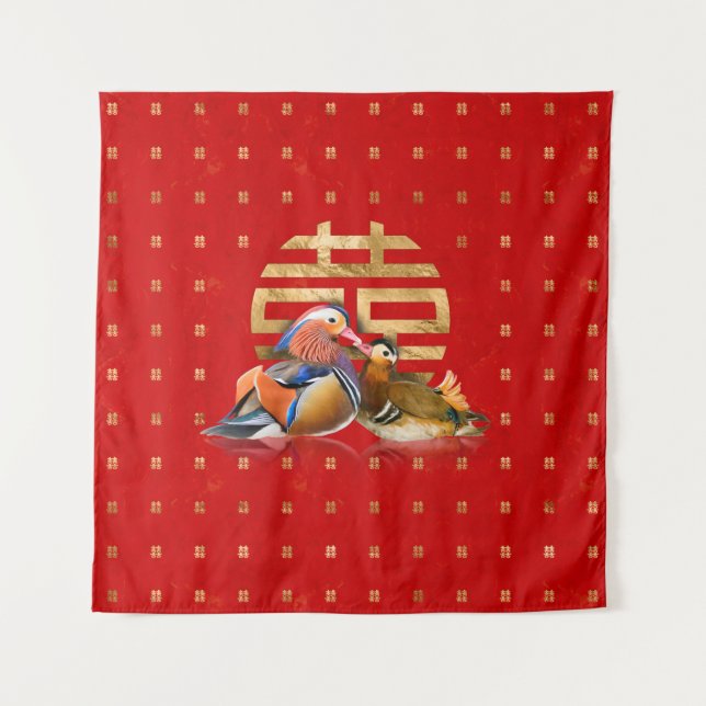 Mandarin Ducks and Double Happiness on red Tapestry (Front)