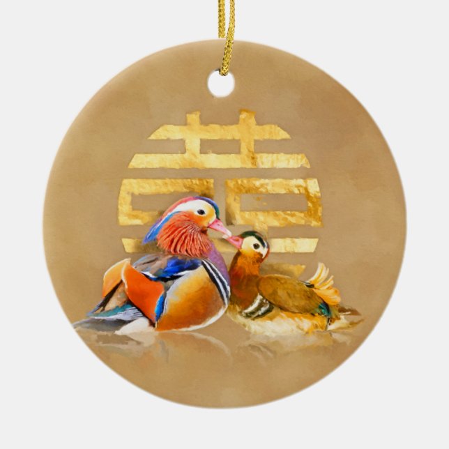 Mandarin Ducks and Double Happiness Symbol Ceramic Ornament (Front)