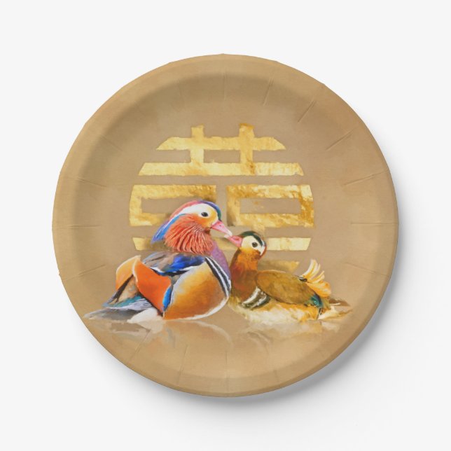 Mandarin Ducks and Double Happiness Symbol Paper Plate (Front)