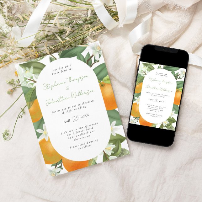 Mandarin Orange Botanical Elegant Wedding Invitation (Mandarin orange wedding invitation)
