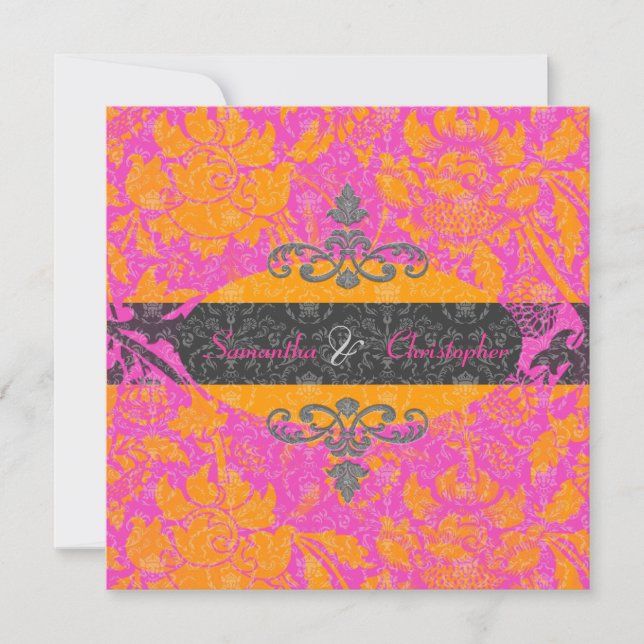 Mandarin Orange/Hot Pink Damask invitations (Front)