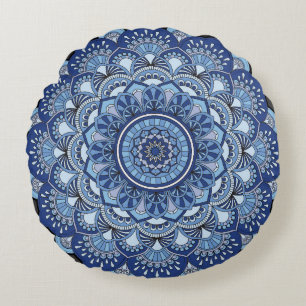 Mandela Flower Blue Round Cushion