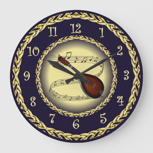 Mandolin 01 ~ Musical Scroll ~ Gold/Navy Blue ~  Large Clock (Front)