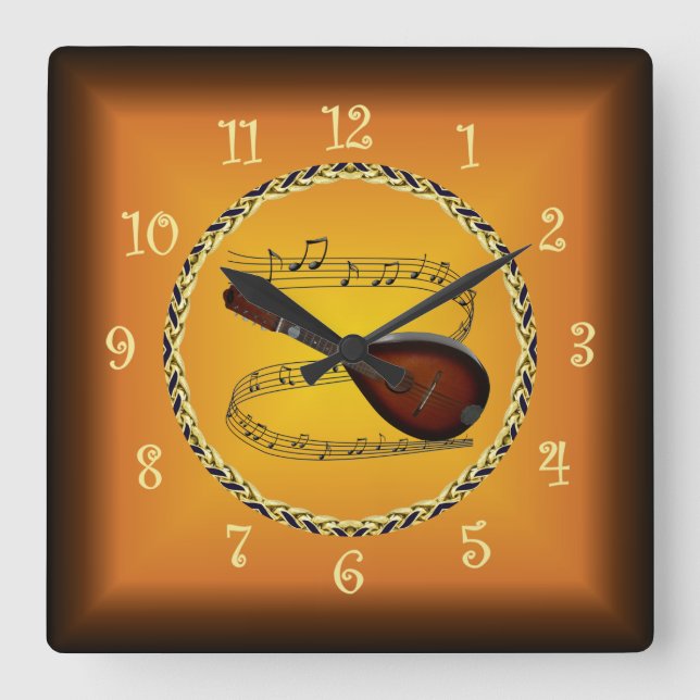 Mandolin 01 On Musical Scroll & Russet Orange ~  Square Wall Clock (Front)