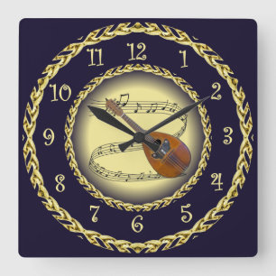Mandolin 02 ~ Musical Scroll ~ Gold/Navy Blue ~ Square Wall Clock