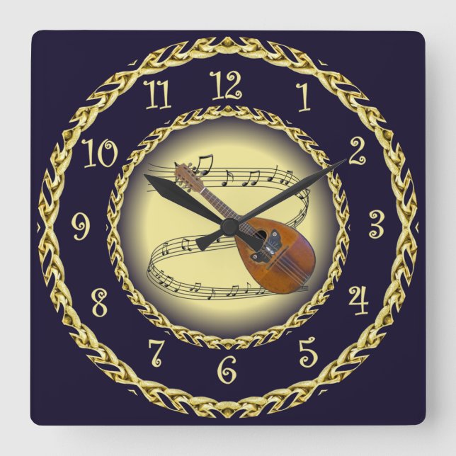 Mandolin 02 ~ Musical Scroll ~ Gold/Navy Blue ~  Square Wall Clock (Front)