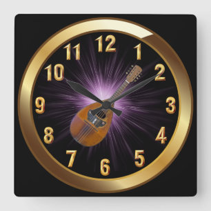 Mandolin ~ Black Gold & Purple Glow Background ~ Square Wall Clock