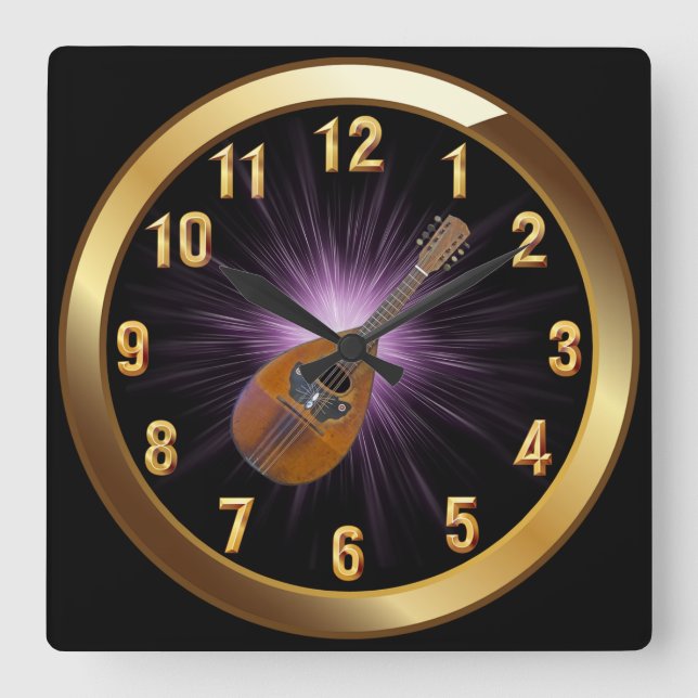 Mandolin ~ Black Gold & Purple Glow Background ~ Square Wall Clock (Front)