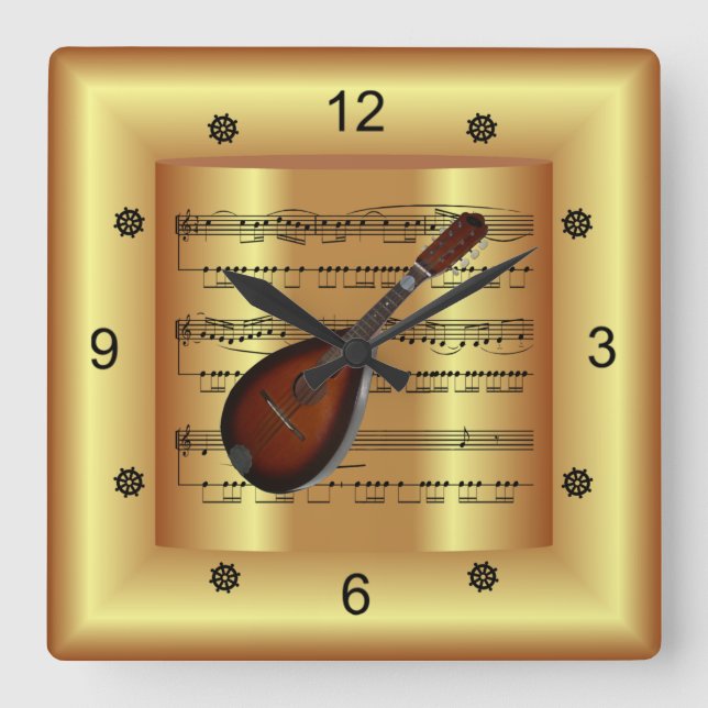 Mandolin ~ Curved Sheet Music ~ Gold Background ~  Square Wall Clock (Front)