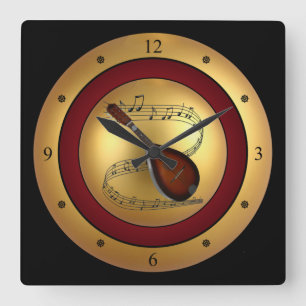 Mandolin ~ Musical Scroll ~ Gold/Maroon/Black Back Square Wall Clock