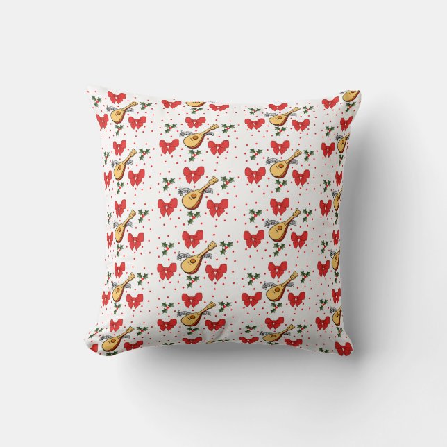 Mandolin Red Bows Holly Leaves Berries Pattern  Cushion (Front)