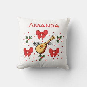 Mandolin Red Bows Holly Leaves Pattern Customise Cushion