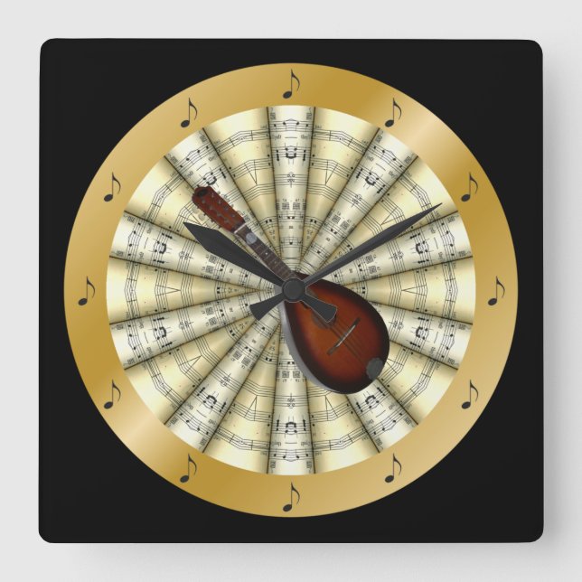 Mandolin ~ Rolled Sheet Music ~ Black or Any Colou Square Wall Clock (Front)