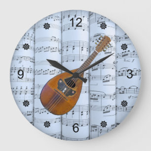 Mandolin~Rolled Sheet Music~Blue Tint Background ~ Large Clock