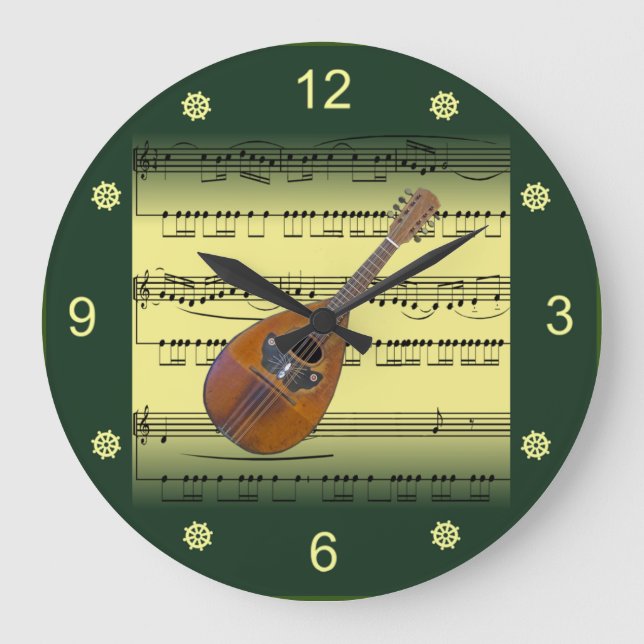 Mandolin~Rolled Sheet Music~Gold/Green Background~ Large Clock (Front)