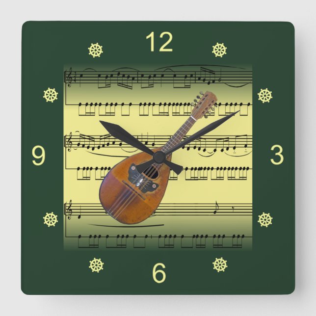 Mandolin~Rolled Sheet Music~Gold/Green Background~ Square Wall Clock (Front)