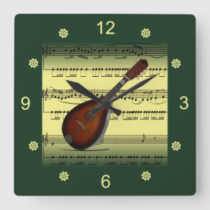 Mandolin~Rolled Sheet Music~Gold/Green Background~ Square Wall Clock
