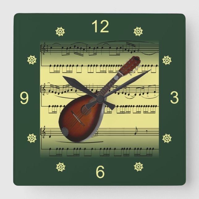 Mandolin~Rolled Sheet Music~Gold/Green Background~ Square Wall Clock (Front)