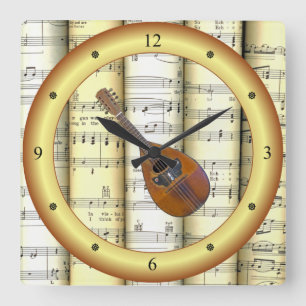 Mandolin ~ Rolled Sheet Music ~ Gold Ring ~ * ~ Square Wall Clock