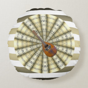 Mandolin ~ Rolled Sheet Music~ Striped Background~ Round Cushion