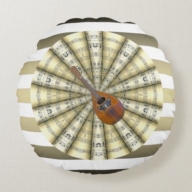 Mandolin ~ Rolled Sheet Music~ Striped Background~ Round Cushion (Front)