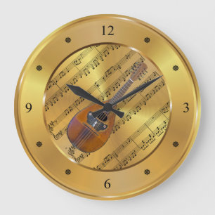 Mandolin ~ Sheet Music ~ Gold Background ~ Unique Large Clock