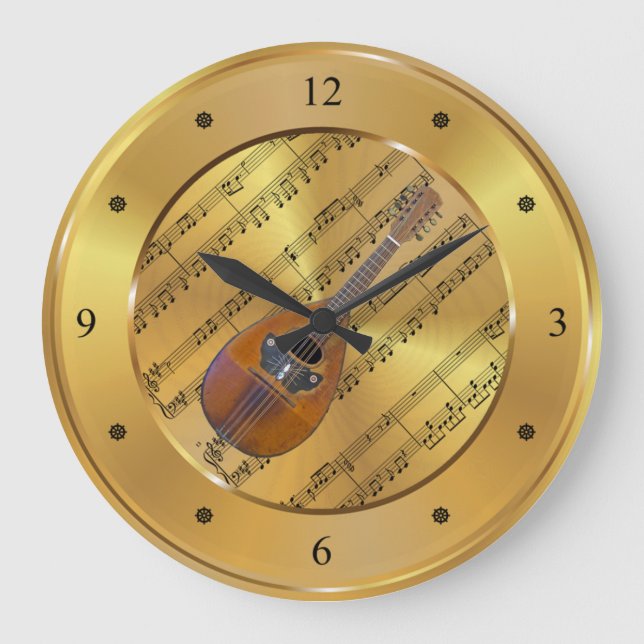 Mandolin ~ Sheet Music ~ Gold Background ~ Unique Large Clock (Front)