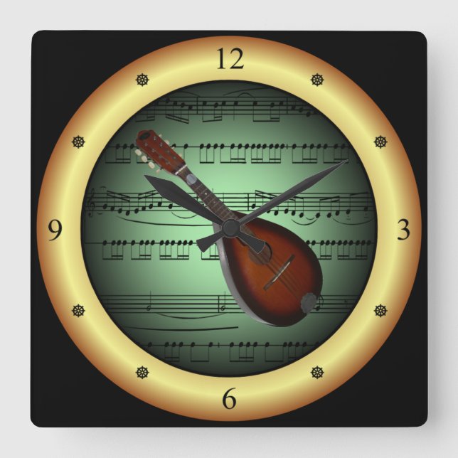 Mandolin ~ Sheet Music ~ Green/Gold Background ~ Square Wall Clock (Front)