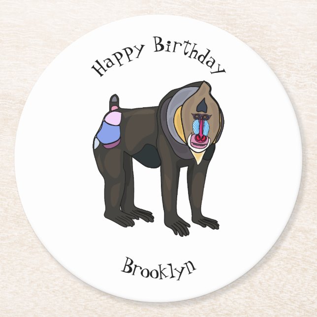 Mandrill cartoon illustration round paper coaster (Front)