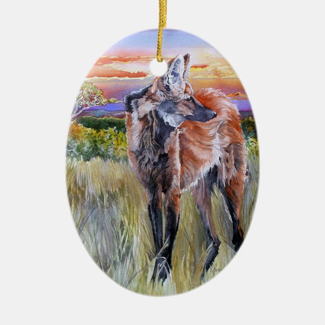 Maned Wolf Watercolor Art Ceramic Ornament (Front)