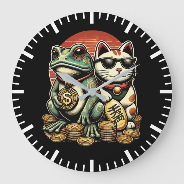 Maneki Neko and Jin Chan - Luck and Prosperity Large Clock (Front)