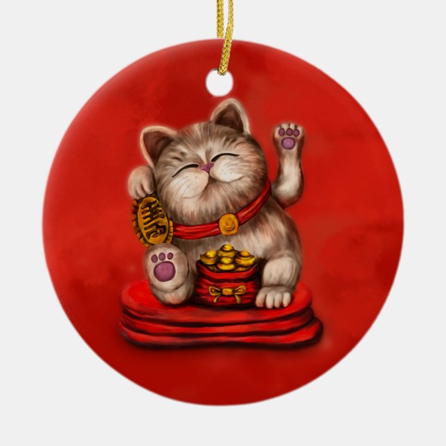 Maneki-neko Beckoning cat on red Ceramic Ornament (Front)