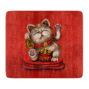 Maneki-neko Beckoning cat on red Cutting Board
