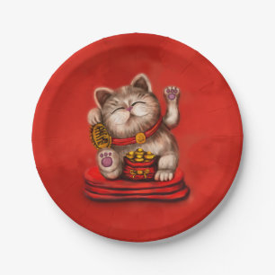 Maneki-neko Beckoning cat on red Paper Plate