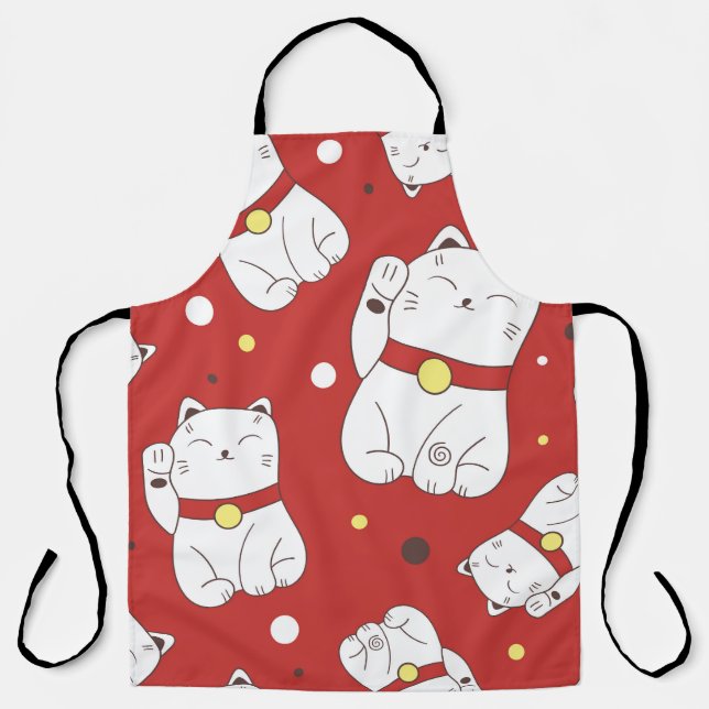 Maneki-Neko cat, Japanese doodle pattern. Apron (Front)