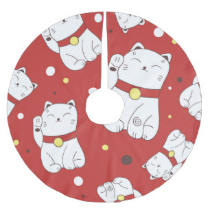 Maneki-Neko cat, Japanese doodle pattern. Brushed Polyester Tree Skirt