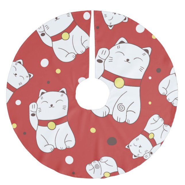 Maneki-Neko cat, Japanese doodle pattern. Brushed Polyester Tree Skirt (Front)