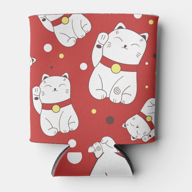 Maneki-Neko cat, Japanese doodle pattern. Can Cooler (Front)