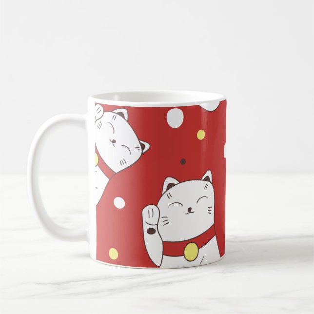 Maneki-Neko cat, Japanese doodle pattern. Coffee Mug (Left)