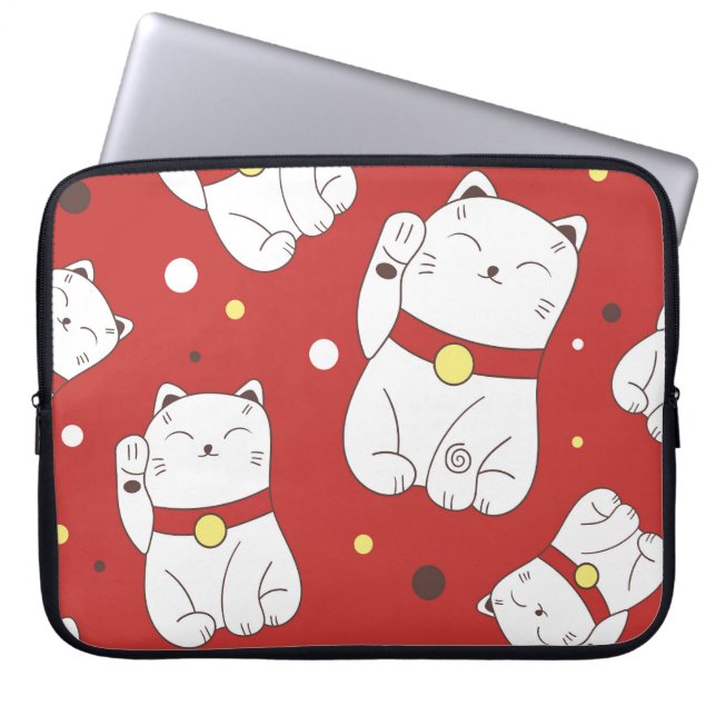 Maneki-Neko cat, Japanese doodle pattern. Laptop Sleeve (Front)