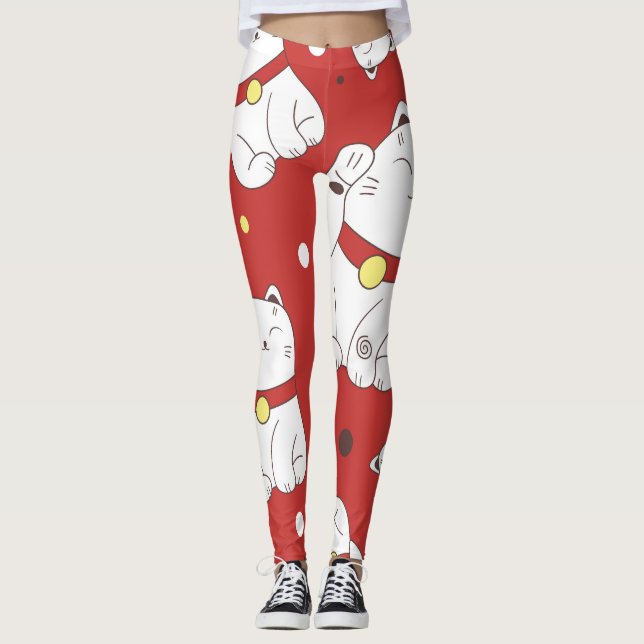 Maneki-Neko cat, Japanese doodle pattern. Leggings (Front)