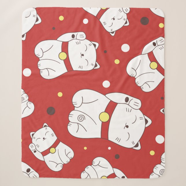 Maneki-Neko cat, Japanese doodle pattern. Sherpa Blanket (Front)