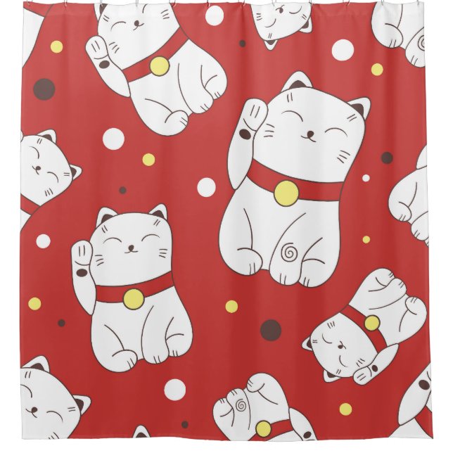 Maneki-Neko cat, Japanese doodle pattern. Shower Curtain (Front)