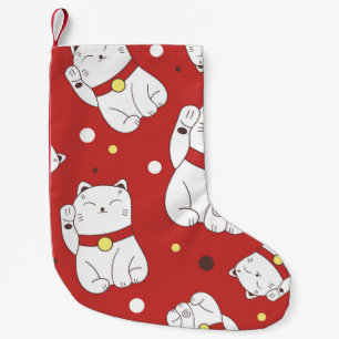 Maneki-Neko cat, Japanese doodle pattern. Small Christmas Stocking