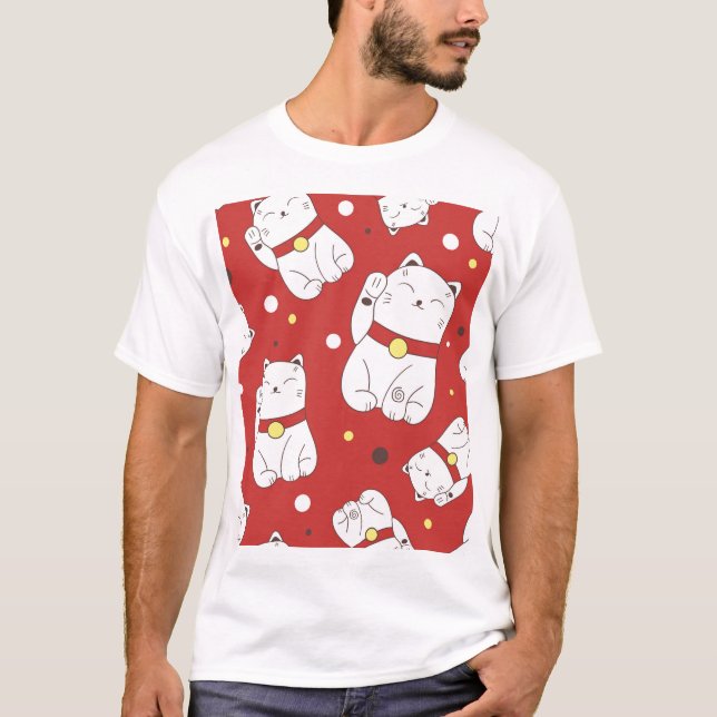 Maneki-Neko cat, Japanese doodle pattern. T-Shirt (Front)