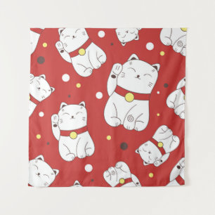 Maneki-Neko cat, Japanese doodle pattern. Tapestry