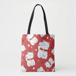 Maneki-Neko cat, Japanese doodle pattern. Tote Bag