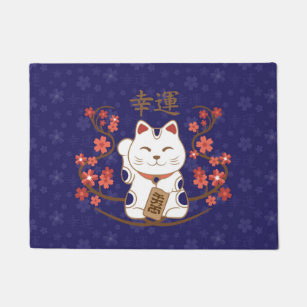 Maneki-neko cat with good luck kanji doormat