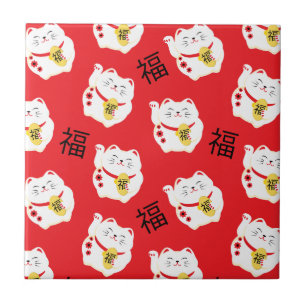 Maneki Neko Cute Lucky Cat Red and White Ceramic Tile